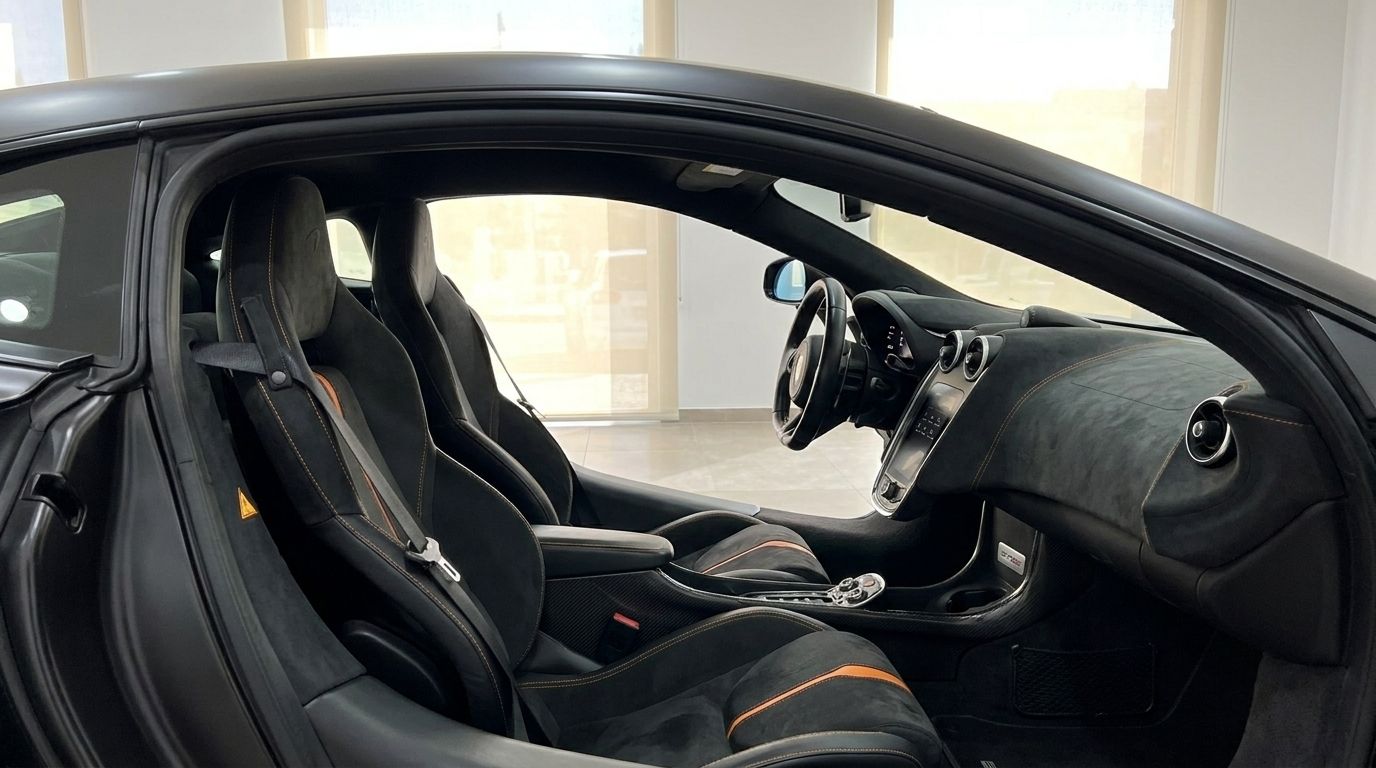 The luxurious interior of the McLaren 570S in Marbella, featuring black Alcantara seats with orange accents and a sleek dashboard.