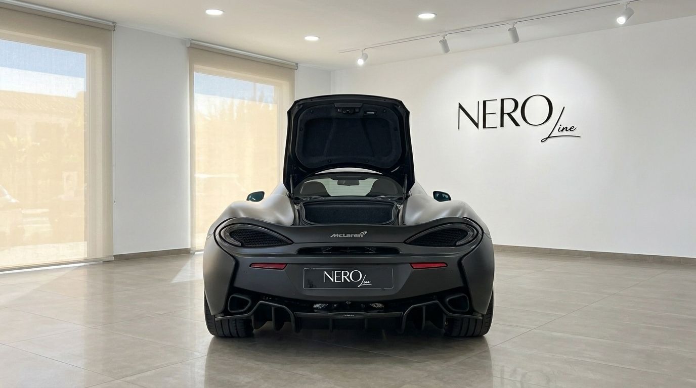 Matte black McLaren 570S supercar from the rear with its trunk open, parked in a bright showroom in Marbella.