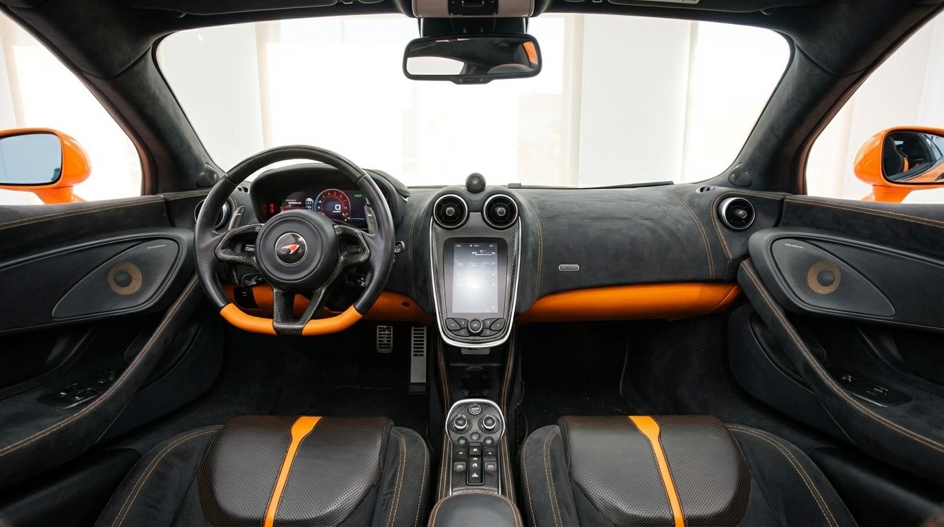 Lujoso habitáculo del McLaren 570S Spider en Madrid, con salpicadero, volante y asientos en negro y naranja.
