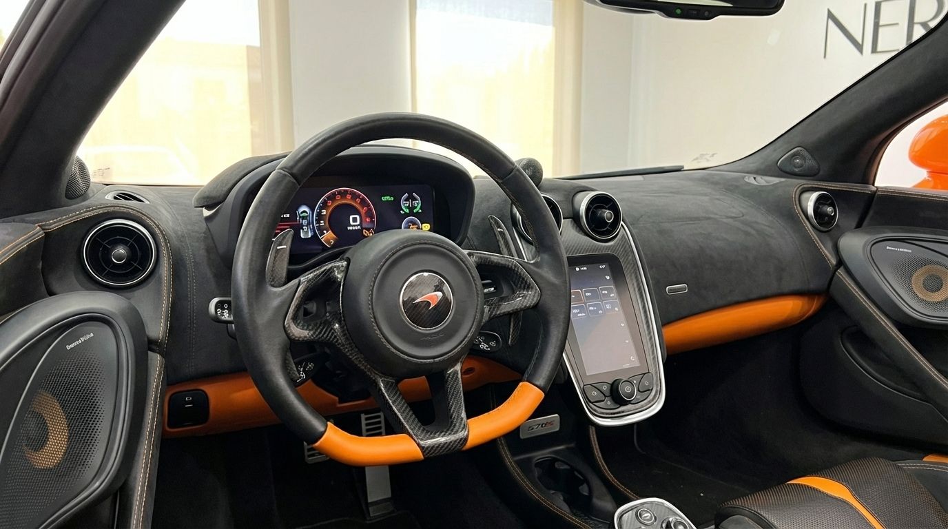 El lujoso interior del McLaren 570S Spider presenta un salpicadero, volante y pantalla digital en negro y naranja.