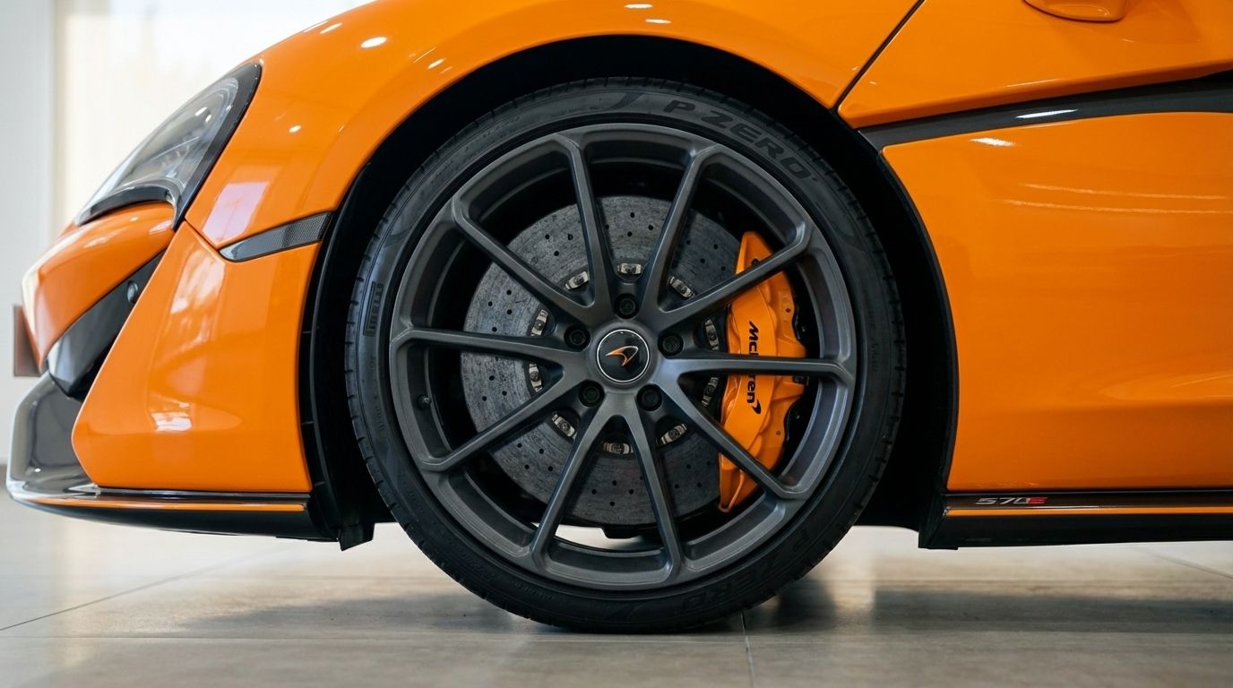 Primer plano de la rueda delantera del McLaren 570S Spider naranja, mostrando la llanta gris oscuro, la pinza de freno naranja y el disco cerámico en Madrid.