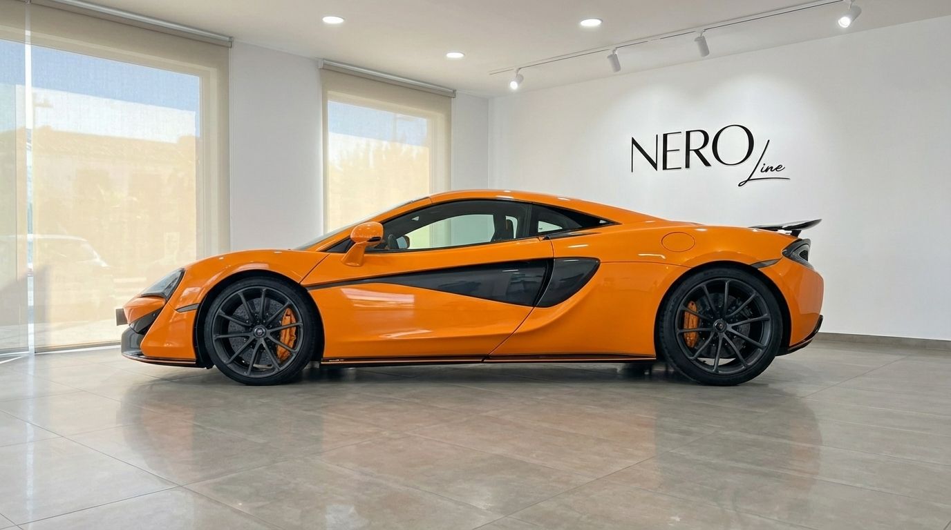 McLaren 570S Spider naranja expuesto en un showroom, visto de perfil elegante en Madrid.