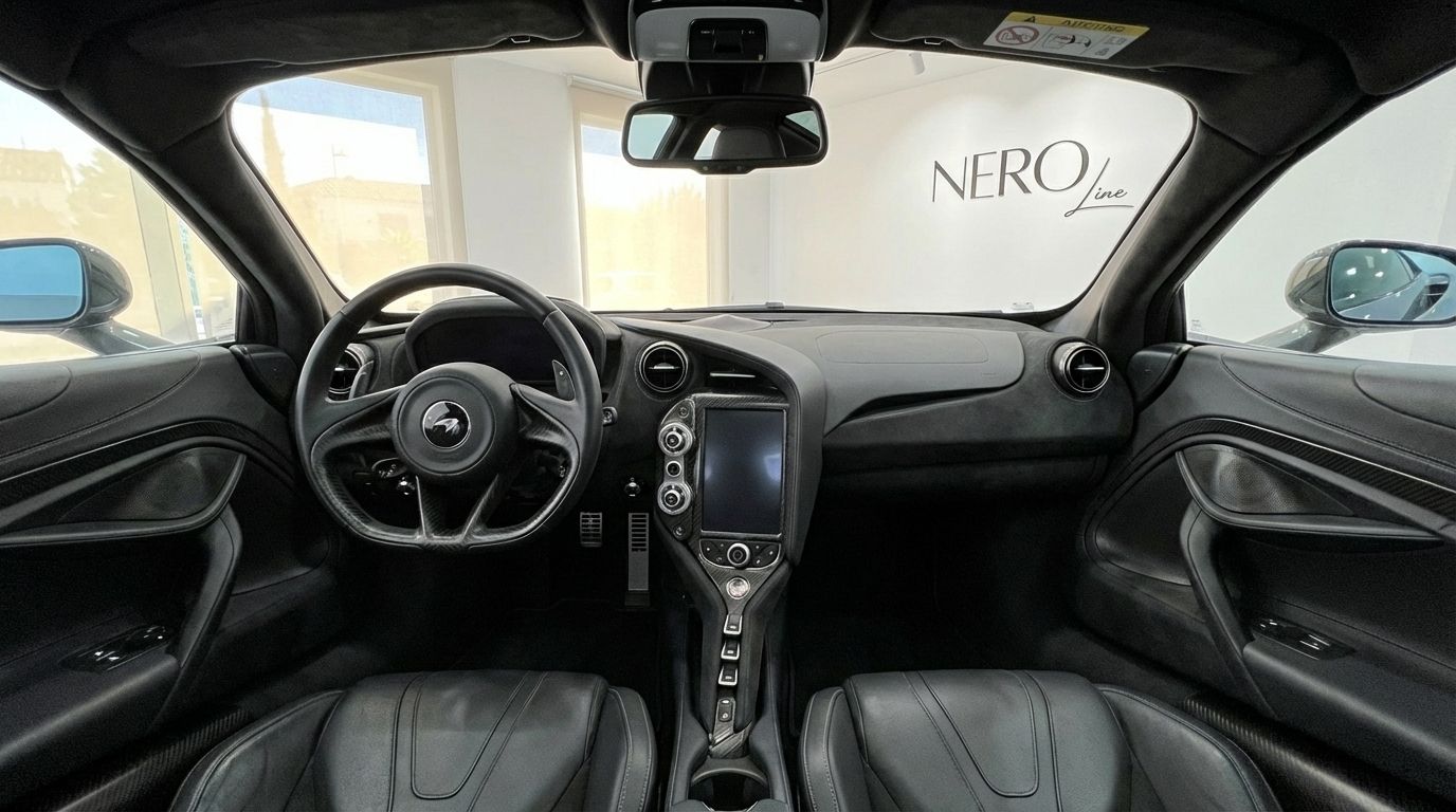 El lujoso interior negro del McLaren 720s, con volante, salpicadero digital y consola central, se ve en Madrid.