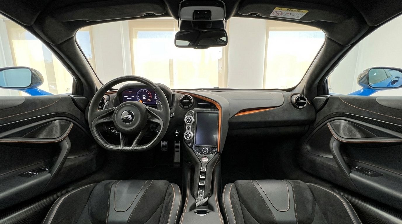 The luxurious cockpit and dashboard of the McLaren 720S, featuring a steering wheel and central console, in Marbella.