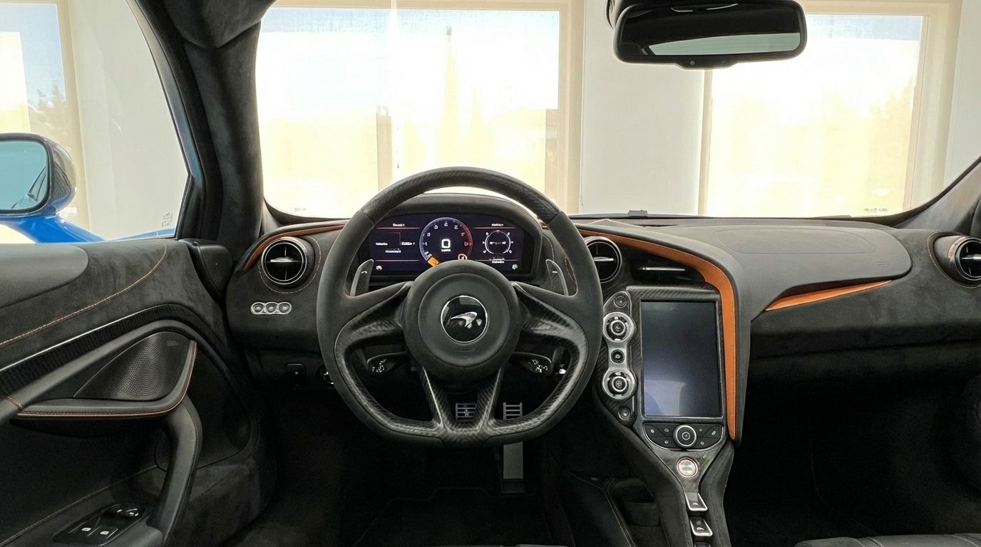 The luxurious cockpit and dashboard of the McLaren 720S, featuring the steering wheel and central display in Marbella.