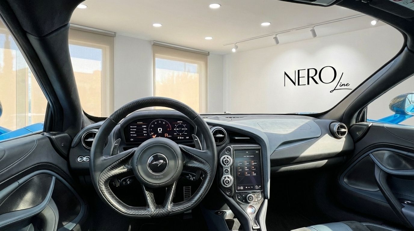 El sofisticado habitáculo del McLaren 720s de 2019 en Madrid, mostrando su volante, salpicadero digital y consola central.