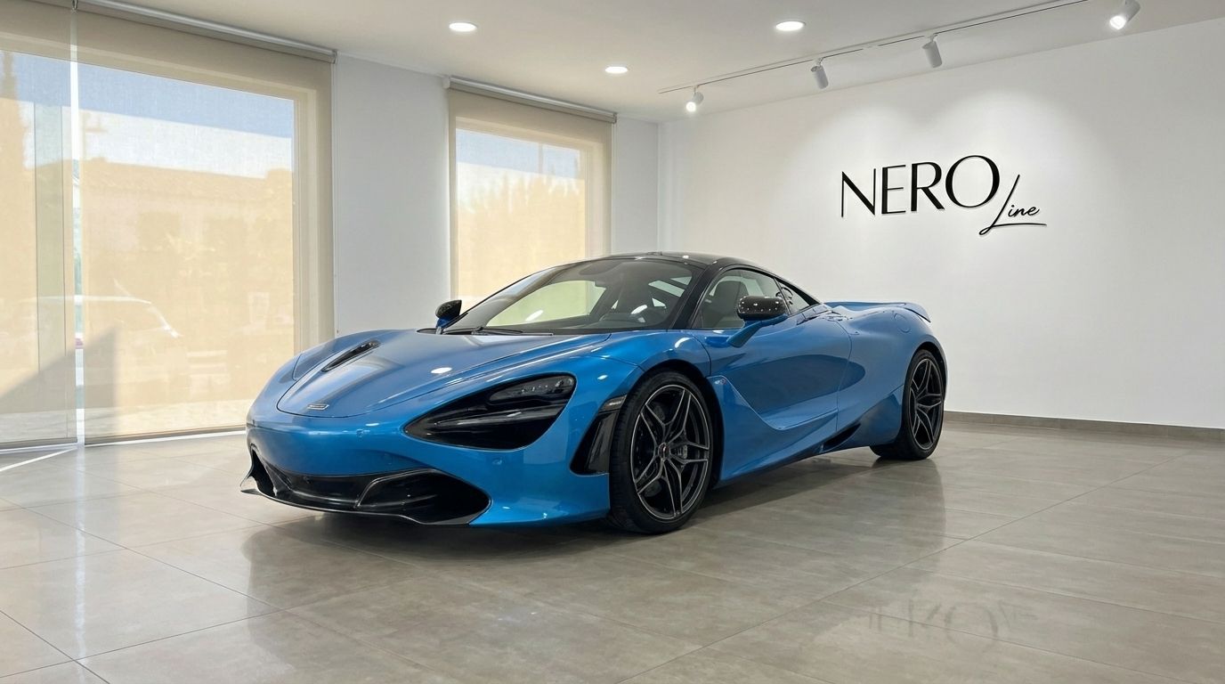 El supercoche McLaren 720s azul cielo está aparcado en el interior, mostrando su elegante vista frontal tres cuartos en Madrid.