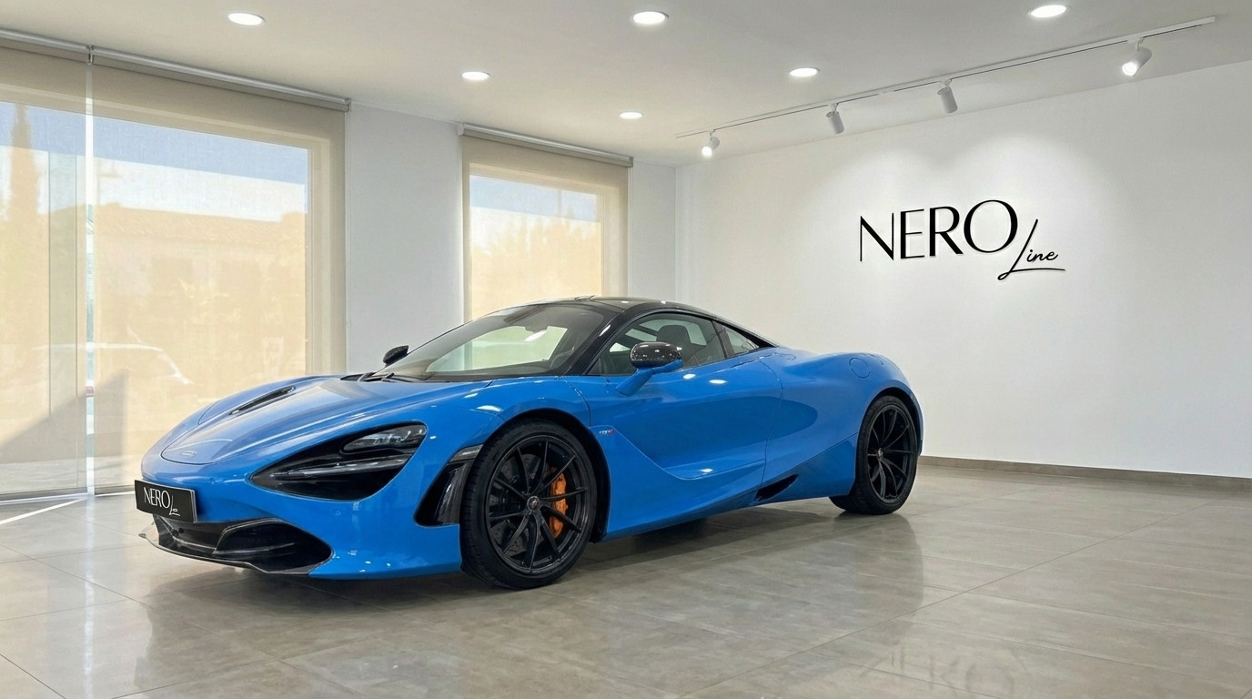 McLaren 720S — Vibrant blue supercar in Marbella A vibrant blue McLaren 720S supercar is parked in a showroom with large windows in Marbella.