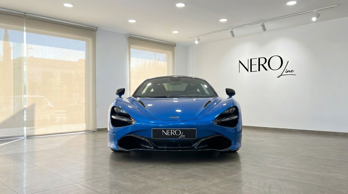 Front view of the vibrant blue McLaren 720S supercar in a bright showroom with the NEROline logo in Marbella.