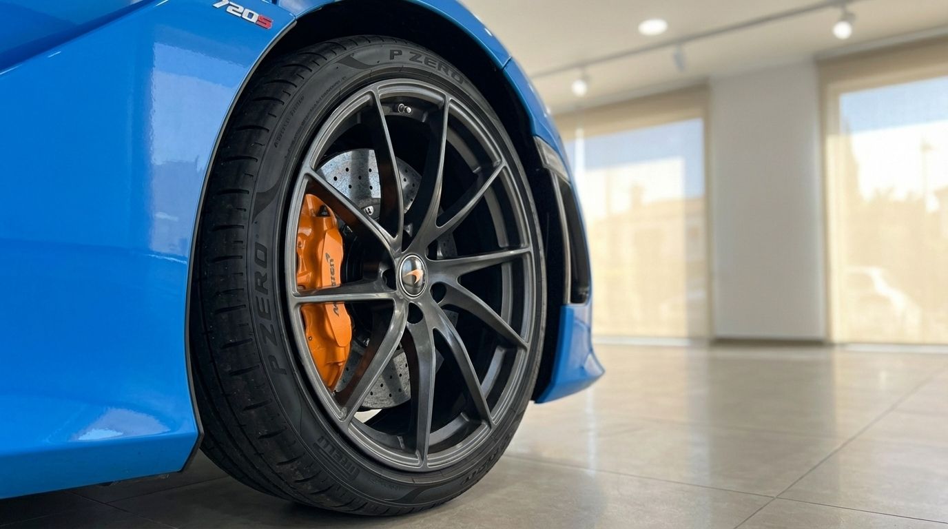 Close-up of the vibrant blue McLaren 720S front wheel, showing dark grey rims and orange brake calipers in Marbella.