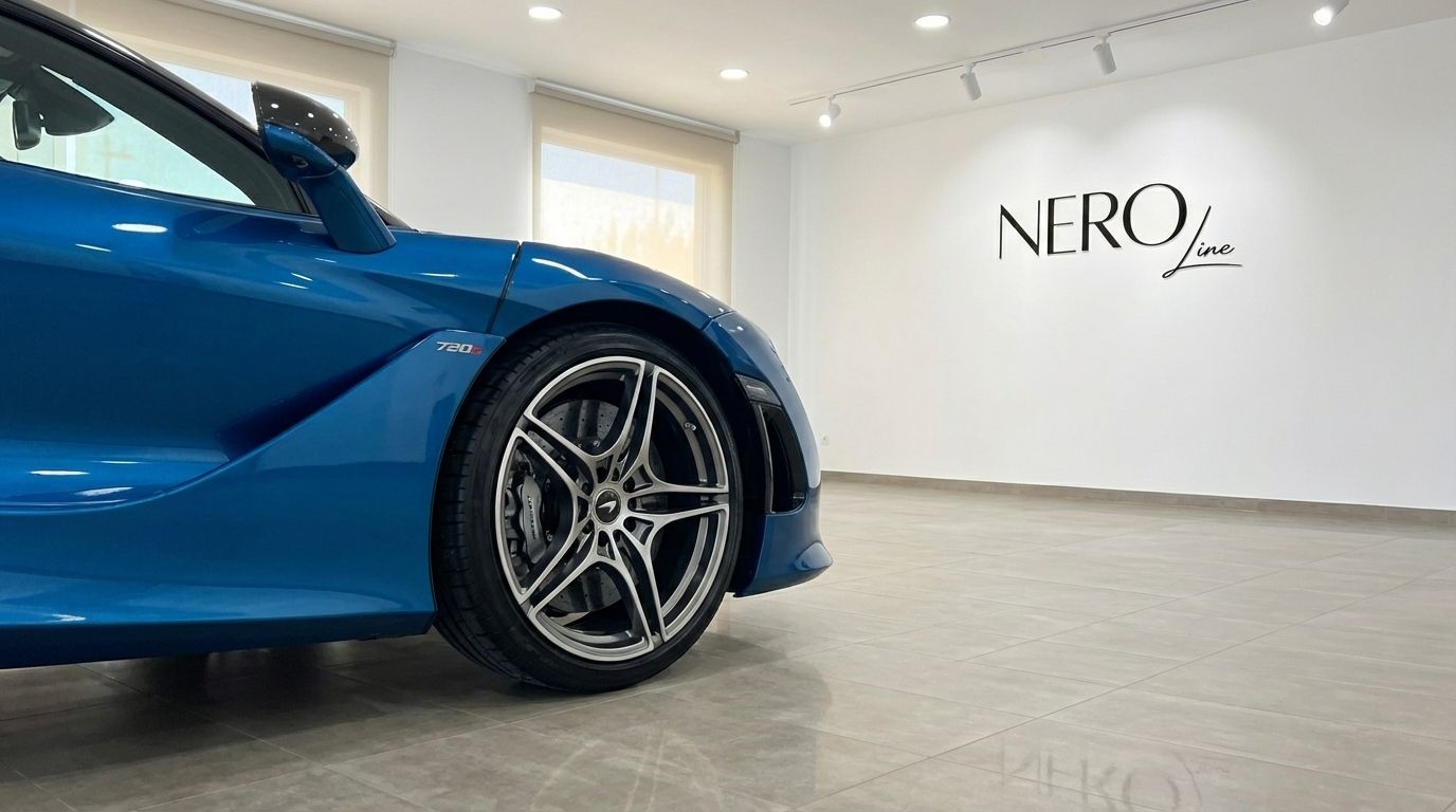 El perfil lateral y la rueda delantera de un McLaren 720s azul cielo se exhiben en un moderno showroom de NEROline en Madrid.