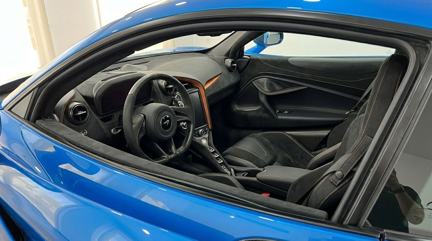 The vibrant blue McLaren 720S interior, featuring the steering wheel, dashboard, and black Alcantara seats, is visible from the side in Marbella.