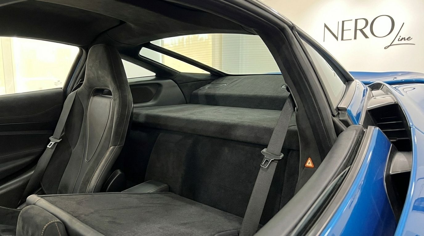 El lujoso interior del McLaren 720s en Madrid, mostrando el asiento del conductor y el área de almacenamiento trasera con detalles exteriores azules.