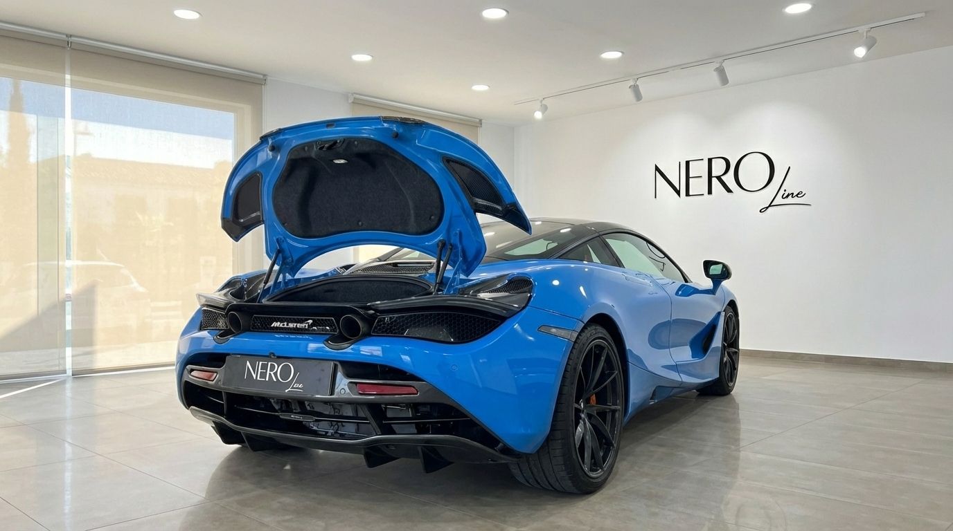 A vibrant blue McLaren 720S is displayed from the rear with its engine bay open, inside a showroom in Marbella.