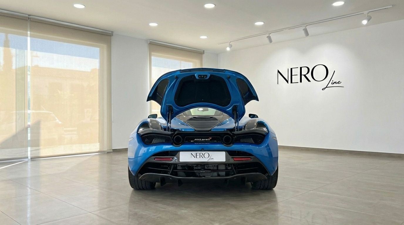 El McLaren 720s azul cielo se exhibe desde la parte trasera con el compartimento del motor abierto, estacionado en un luminoso showroom en Madrid.