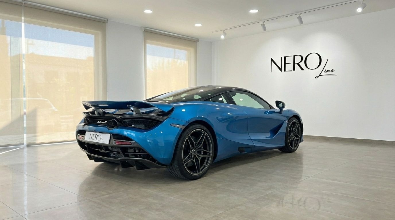 El McLaren 720s azul cielo se exhibe desde un ángulo trasero de tres cuartos en un luminoso showroom en Madrid.