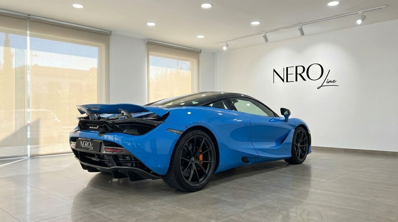 A vibrant blue McLaren 720S supercar, showcasing its rear three-quarter view, parked inside a showroom in Marbella.
