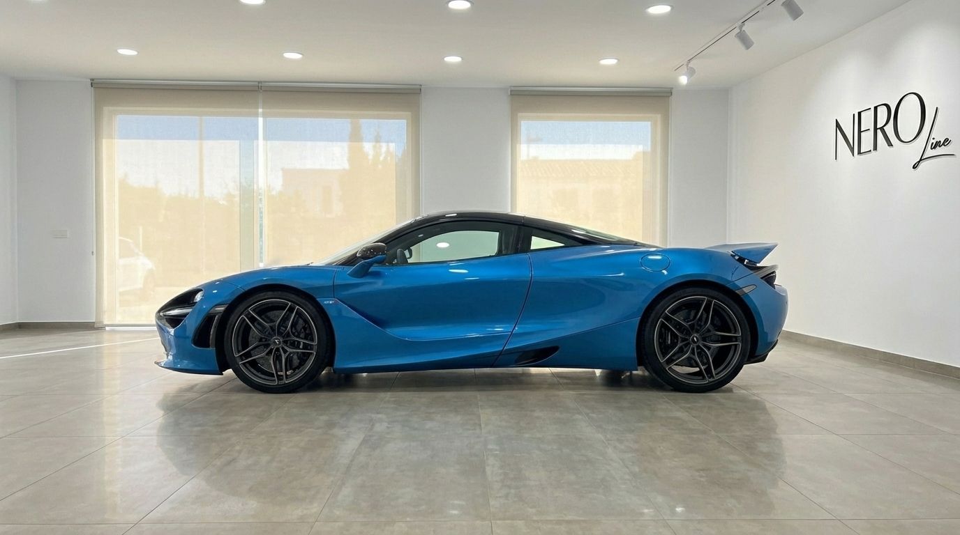 El superdeportivo McLaren 720s azul cielo se muestra de perfil elegante, estacionado dentro de una moderna sala de exposición en Madrid.