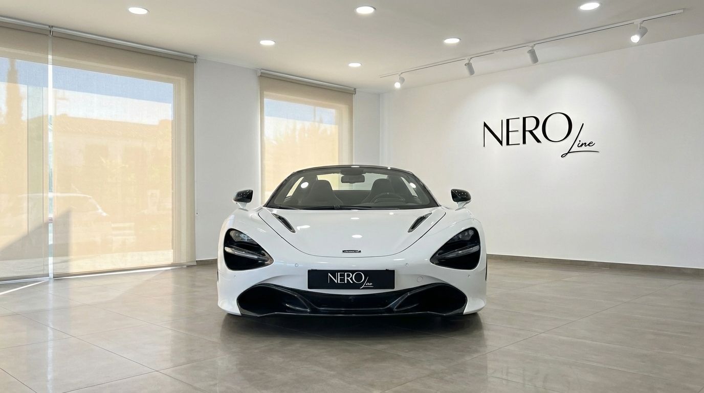 White McLaren 750S Spider supercar parked frontally in a bright showroom with the NEROline logo in Barcelona.