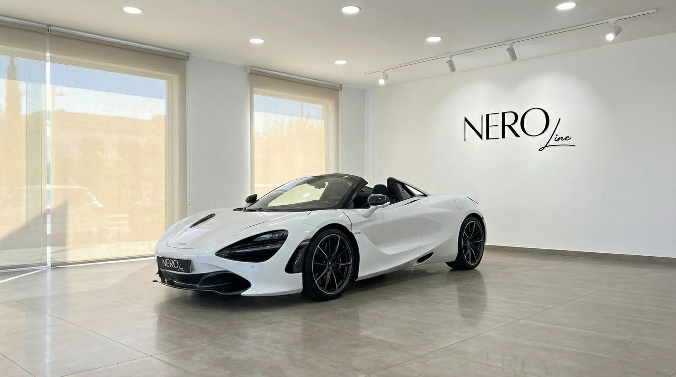 White McLaren 750S Spider convertible, shown from a front three-quarter view inside a modern showroom in Barcelona.