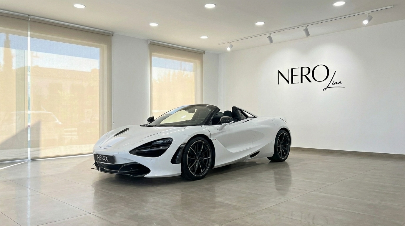 McLaren 750S Spider — Showroom view Barcelona White McLaren 750S Spider convertible, shown from a front three-quarter view inside a modern showroom in Barcelona.