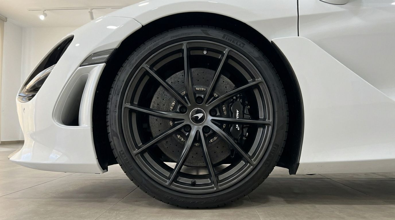 A close-up of the white McLaren 750S Spider's front wheel, tire, and brake caliper in Barcelona.
