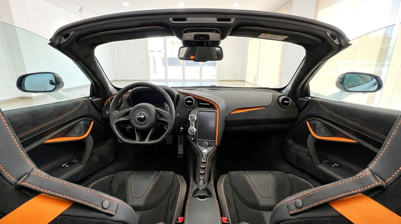 The McLaren 750S Spider's luxurious interior and cockpit in Barcelona, featuring black upholstery with striking orange accents.