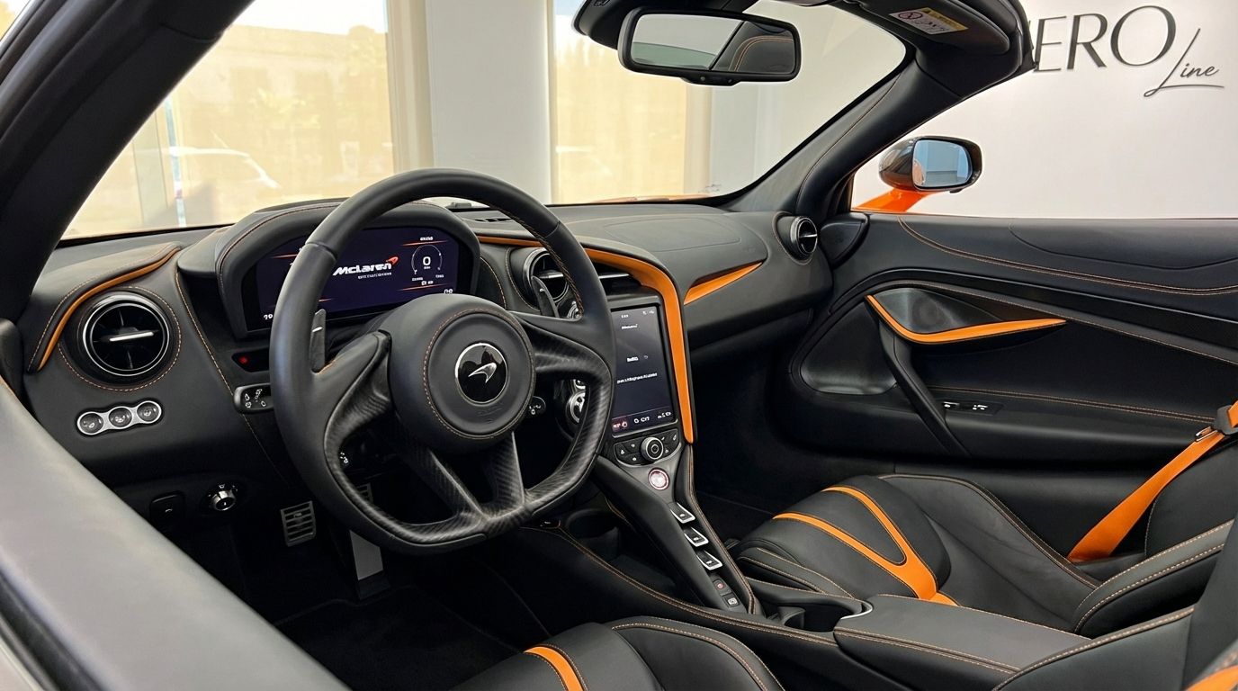 The McLaren 750S Spider's interior in Barcelona, showcasing its carbon fiber steering wheel, digital dashboard, and black leather seats with orange accents.