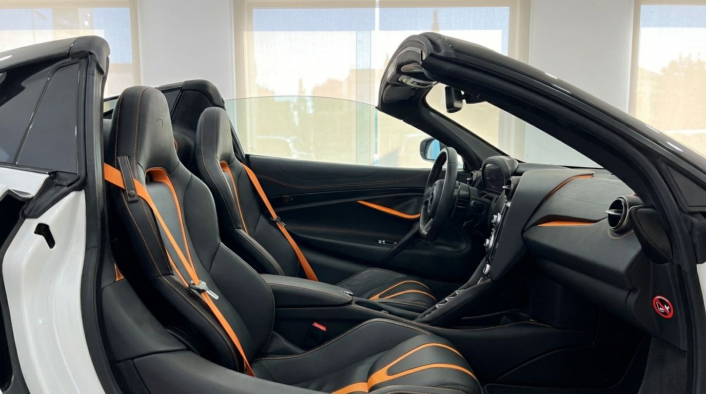 The luxurious interior of the McLaren 750S Spider in Barcelona, featuring black leather seats with vibrant orange accents and dashboard details.