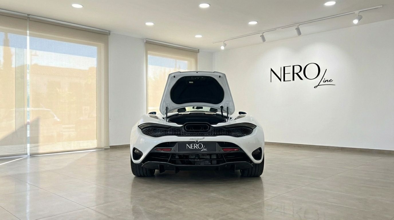 Rear view of the white McLaren 750S Spider with its engine bay open, showcased in a Barcelona showroom.