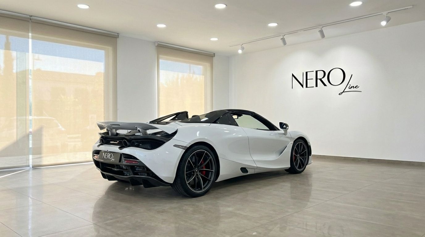 White McLaren 750S Spider convertible, viewed from the rear three-quarter angle with its top down, displayed in a Barcelona showroom.