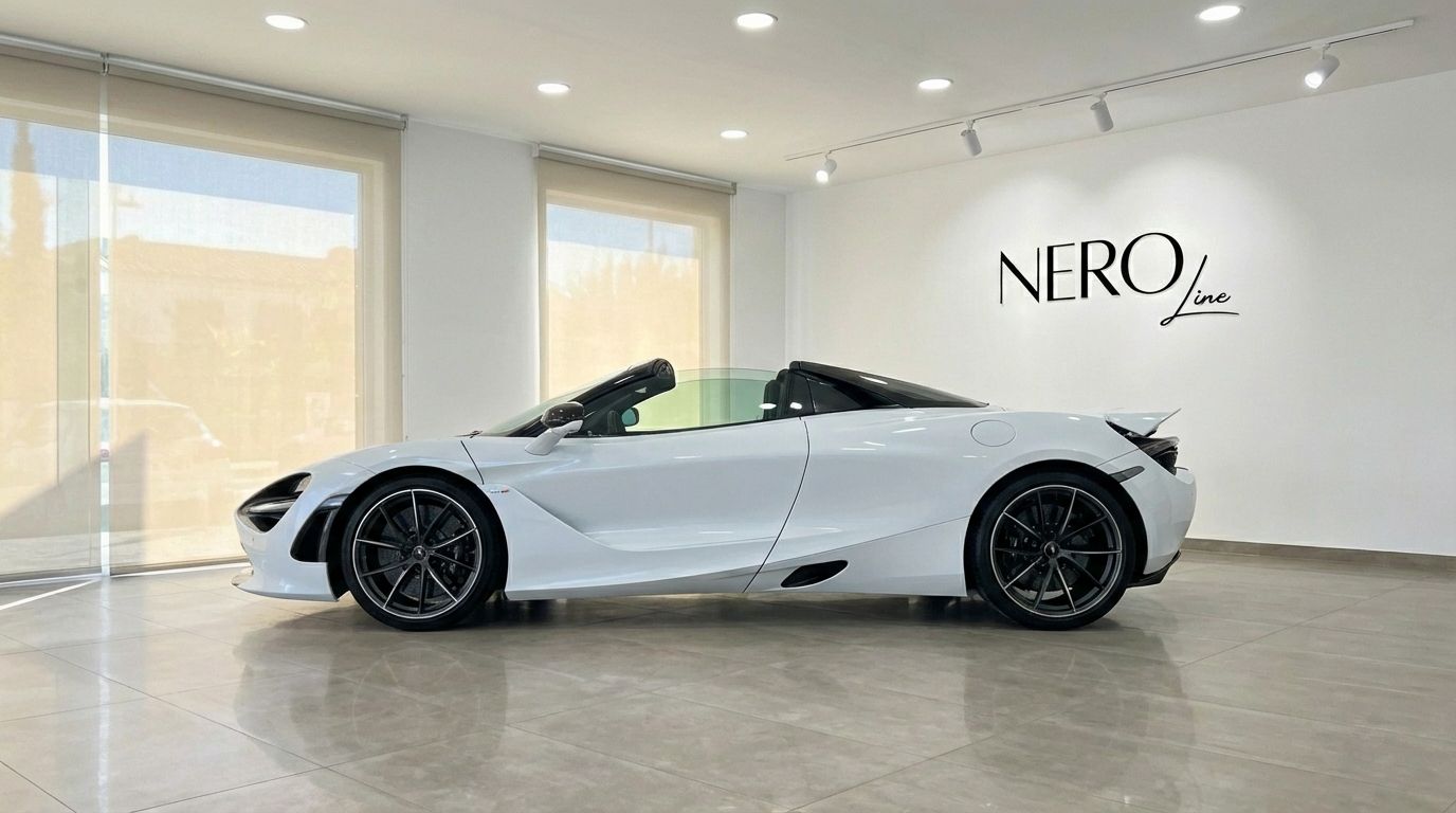 A sleek white McLaren 750S Spider convertible is showcased from its side profile inside a modern showroom in Barcelona.