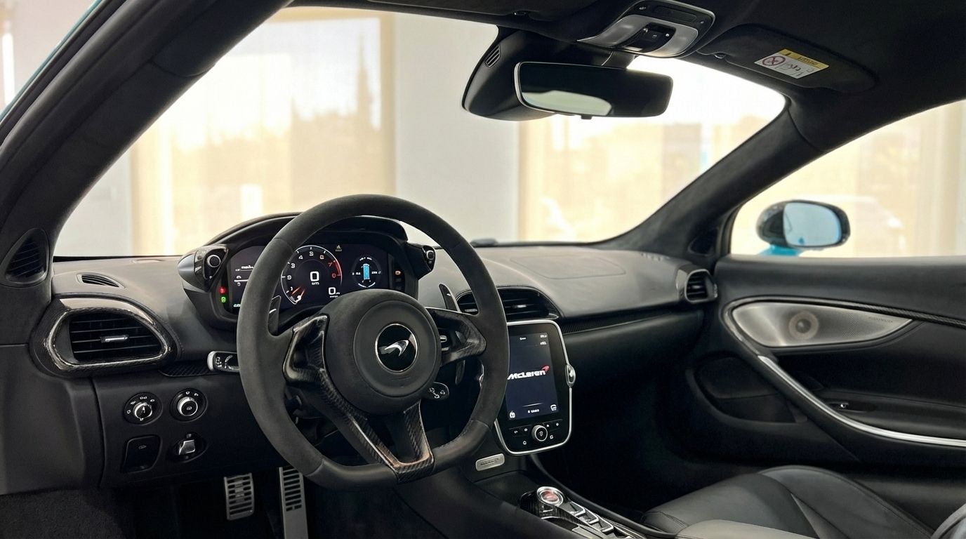 The luxurious interior of the McLaren Artura in Marbella, featuring the steering wheel, digital dashboard, and infotainment screen.