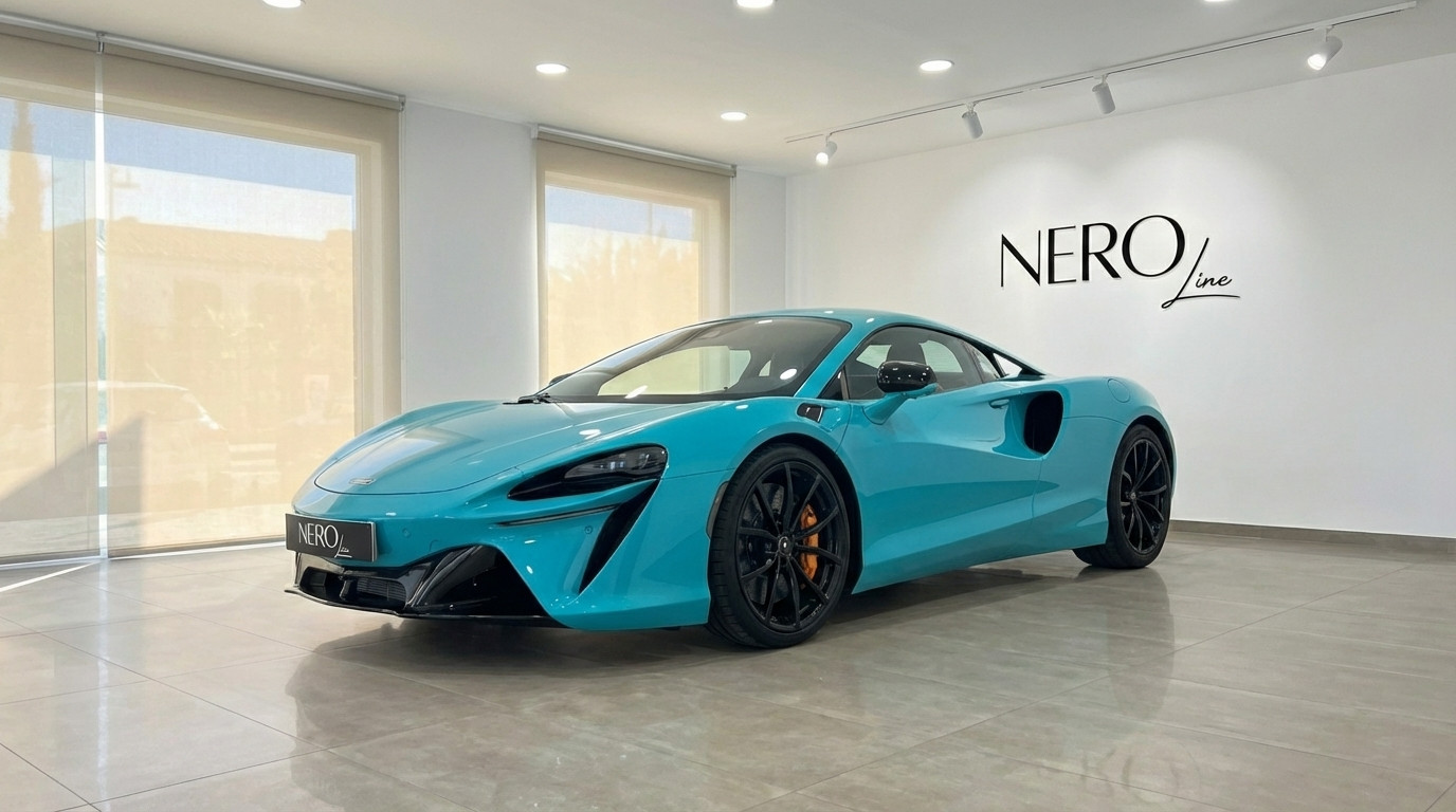 McLaren Artura
— Front three-quarter view Marbella The 2025 McLaren Artura in Tokyo Cyan is showcased from a front three-quarter angle inside a showroom in Marbella.