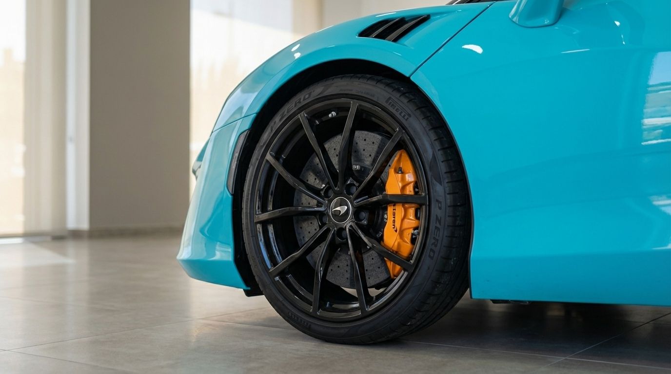 The front wheel and fender of the Tokyo Cyan McLaren Artura are visible, showcasing its black multi-spoke rim and orange brake caliper in Marbella.