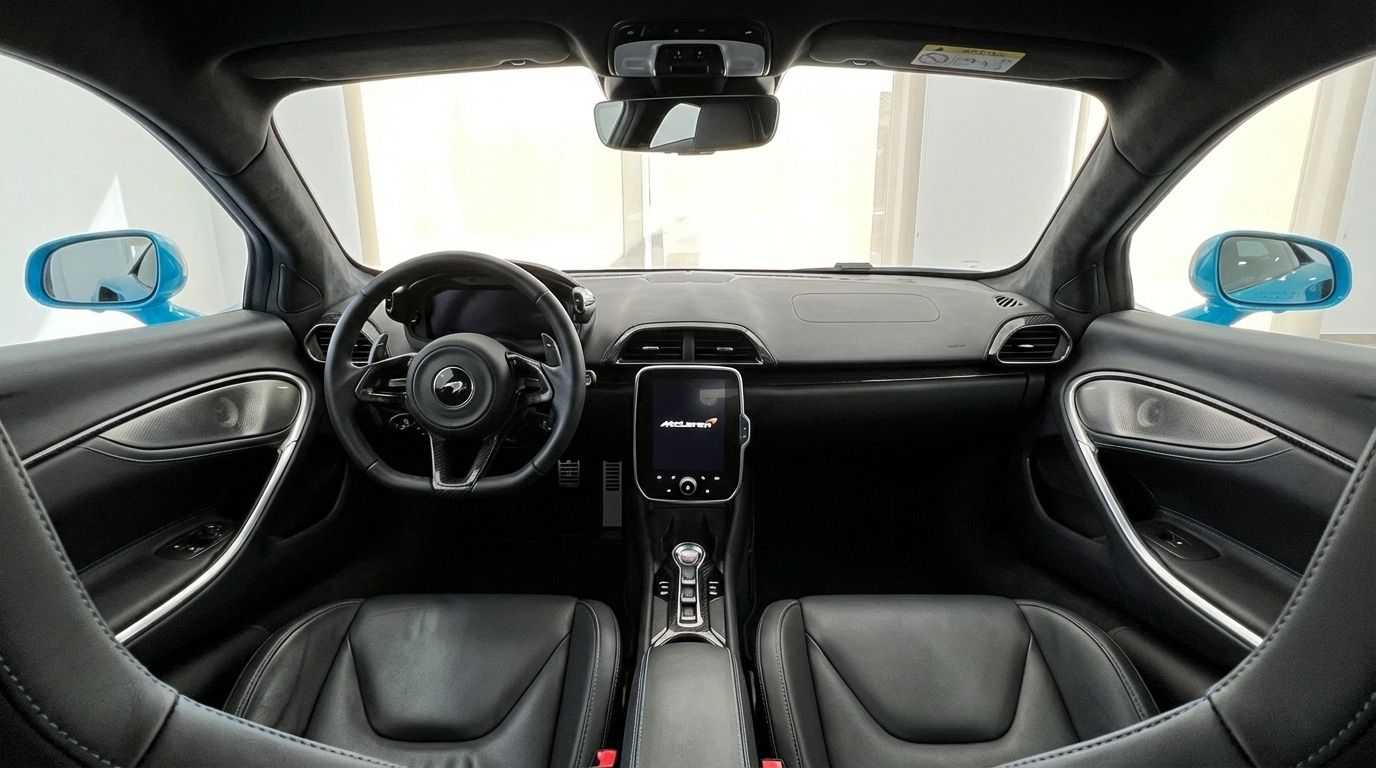 The luxurious black leather interior and high-tech cockpit of the McLaren Artura in Marbella, featuring the steering wheel, dashboard, and central display.