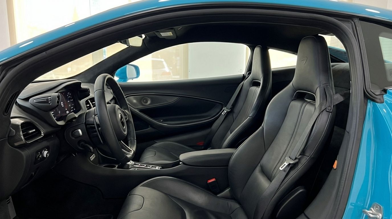 The luxurious interior of the McLaren Artura in Tokyo Cyan, showing the black leather sport seats and modern cockpit in Marbella.