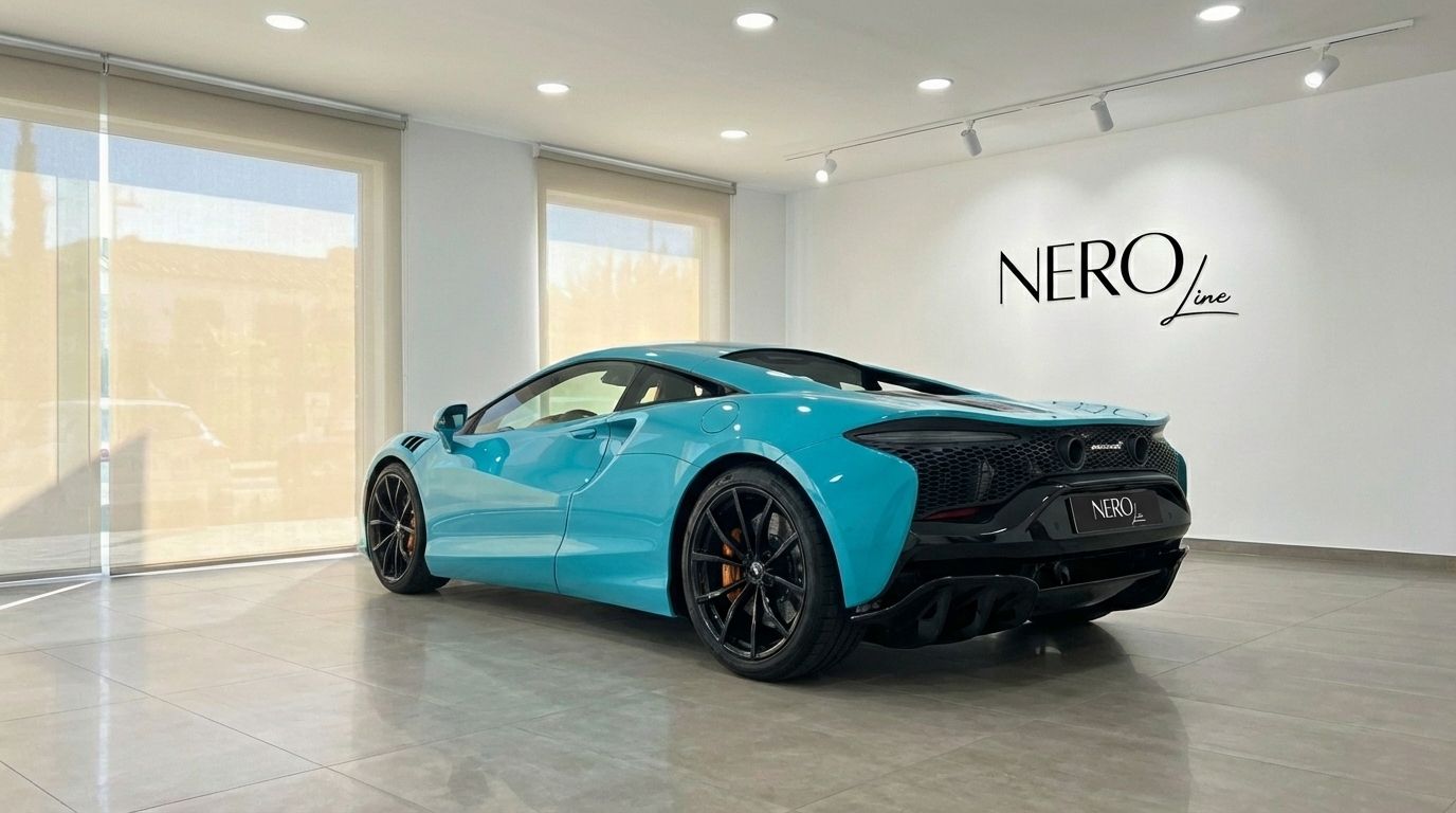 The Tokyo Cyan McLaren Artura, a luxury supercar, is showcased from a rear three-quarter view in a Marbella showroom.