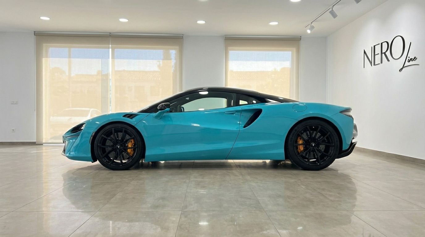 The 2025 McLaren Artura in Tokyo Cyan is showcased from a side profile view in a bright showroom in Marbella.