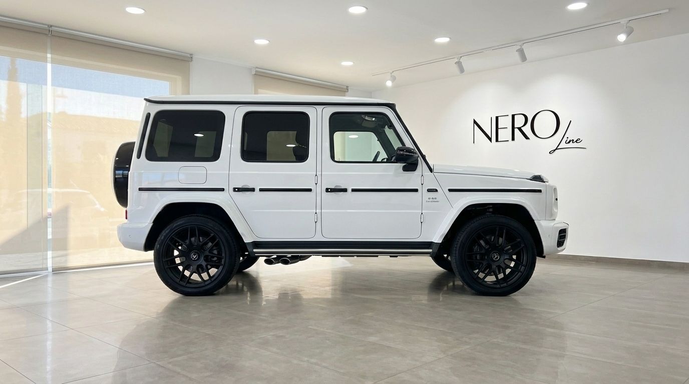 مرسيدس-AMG G 63 البيضاء، بملفها الجانبي المميز وعجلاتها السوداء، معروضة في صالة عرض بماربيا.