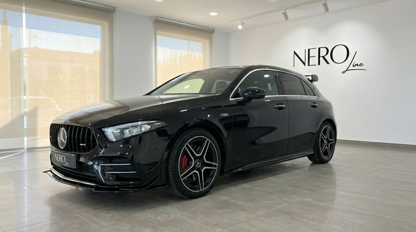 Der glänzend schwarze Mercedes-Benz A 35 AMG von 2022 wird aus der vorderen Dreiviertelansicht in Alicante gezeigt.