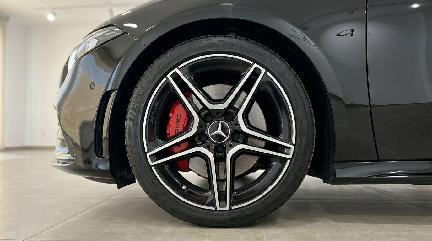 Der Mercedes-Benz A 35 AMG zeigt sein Vorderrad mit schwarzer Leichtmetallfelge und rotem AMG-Bremssattel in Alicante.