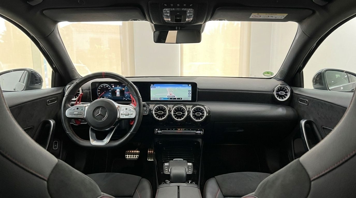 Das luxuriöse Interieur des Mercedes-Benz A 35 AMG in Alicante, mit fortschrittlichem Armaturenbrett, Lenkrad und Infotainmentsystem.