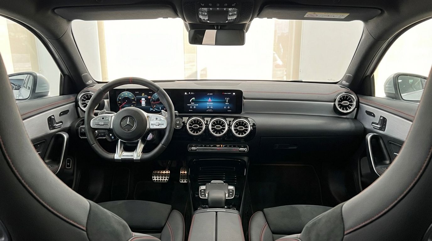 The luxurious interior of the 2022 Mercedes-Benz A 45 AMG in Alicante, showcasing the modern dashboard, steering wheel, and front seats.