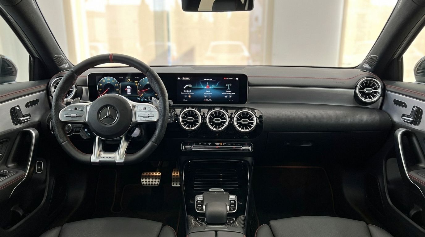 The luxurious interior of the 2022 Mercedes-Benz A 45 AMG in Alicante, featuring its advanced dashboard, steering wheel, and central console.