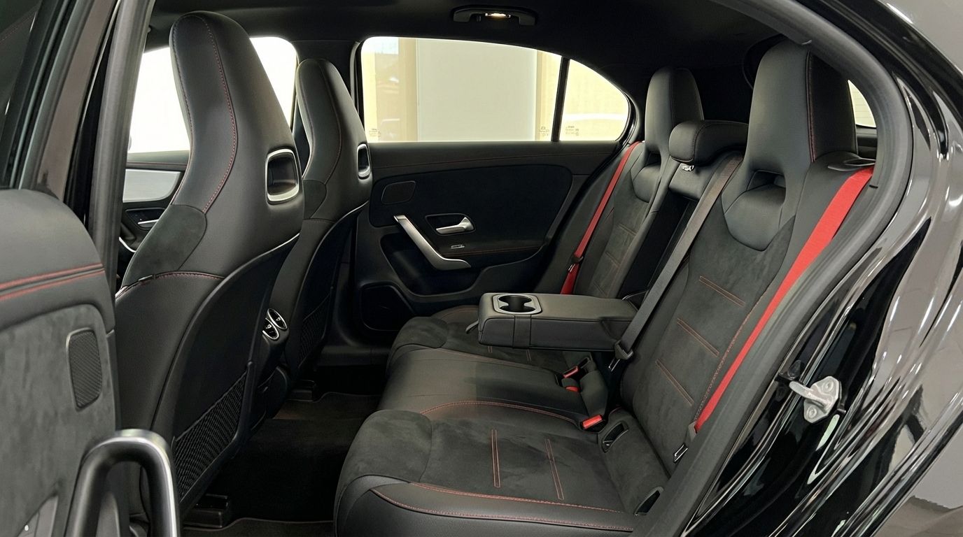 The luxurious rear interior of the Mercedes-Benz A 45 AMG, featuring black sport seats with red stitching and seatbelts in Alicante.