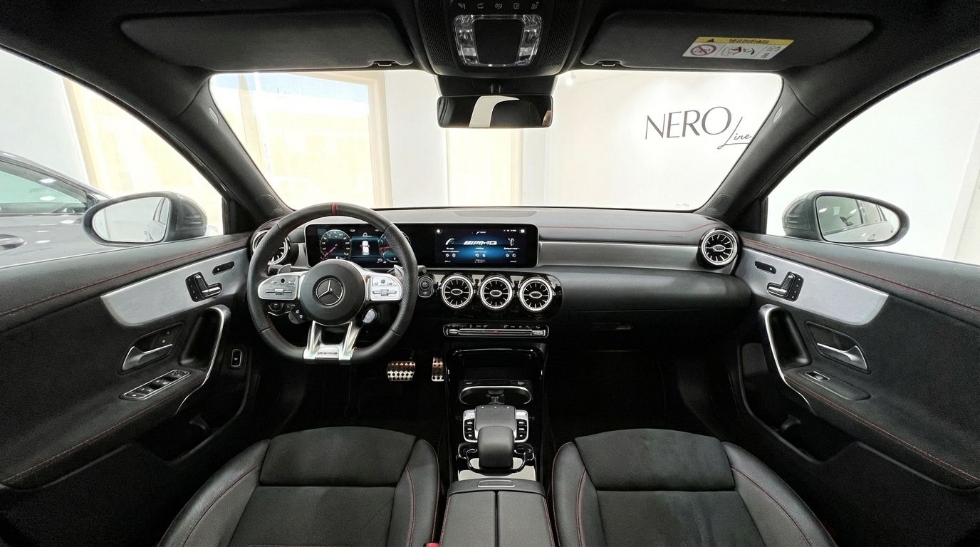 The luxurious interior of the Mercedes-Benz A35 AMG Limousine in Alicante, showcasing its modern dashboard, steering wheel, and front seats.
