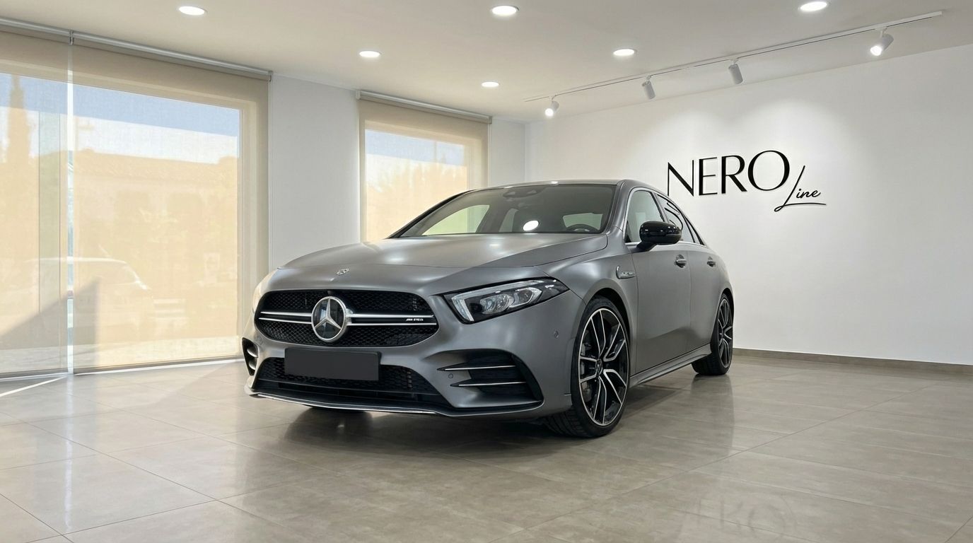The matte grey Mercedes-Benz A35 AMG Limousine is showcased from a front three-quarter angle in a modern Alicante showroom.