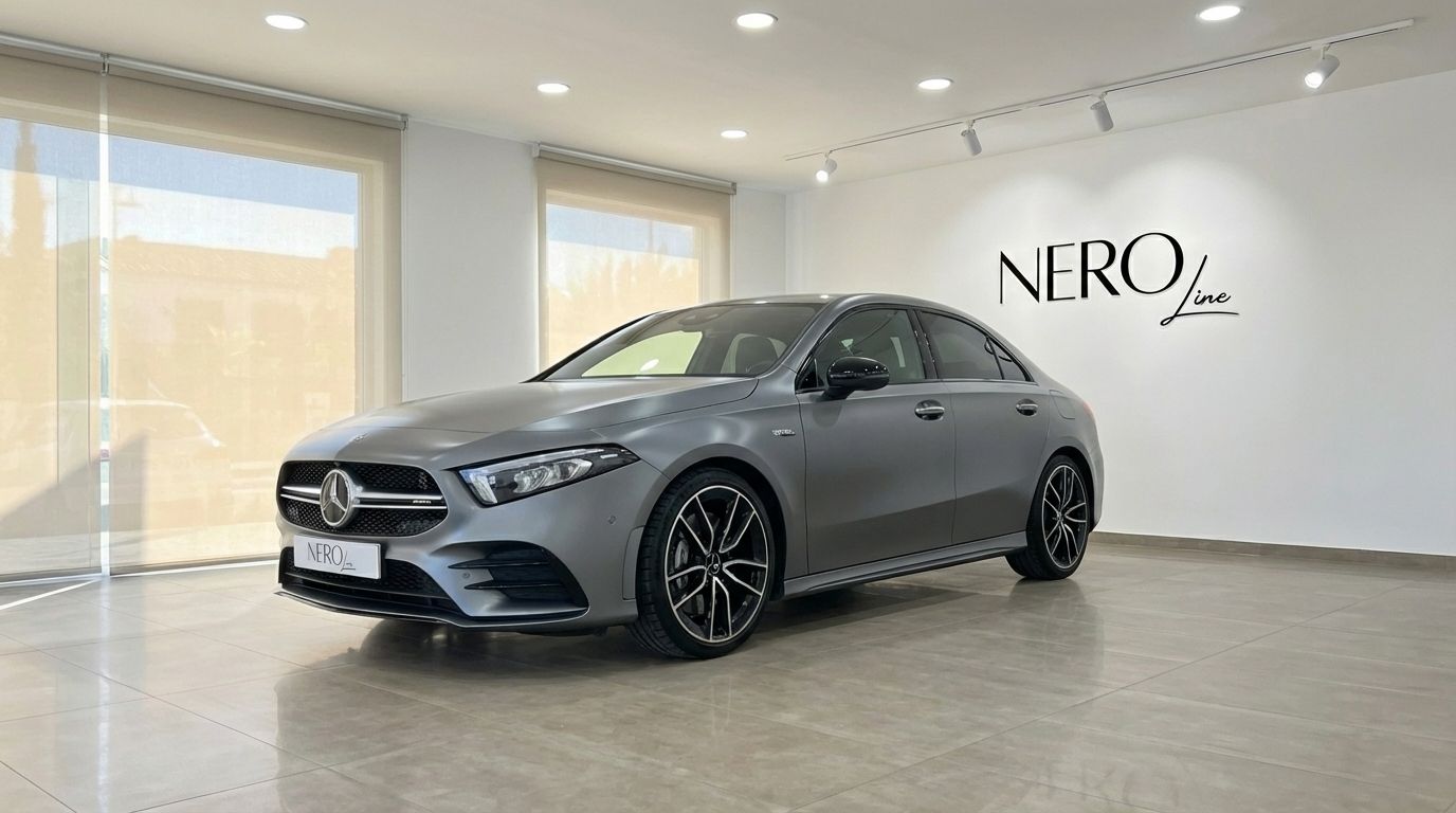 The matte grey Mercedes-Benz A35 AMG Limousine is showcased from a front three-quarter angle in a modern showroom in Alicante.