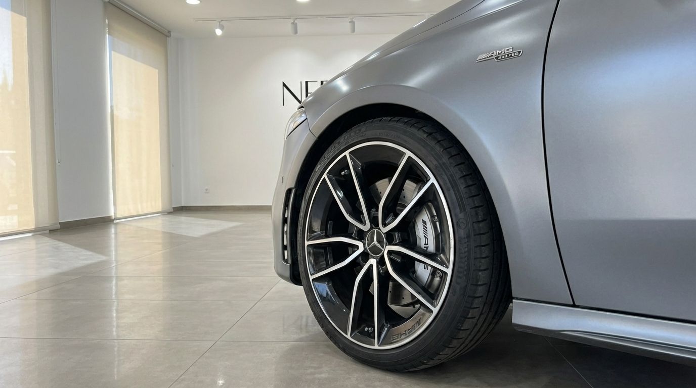 The matte grey Mercedes-Benz A35 AMG Limousine's front wheel and side are prominently displayed in Alicante.